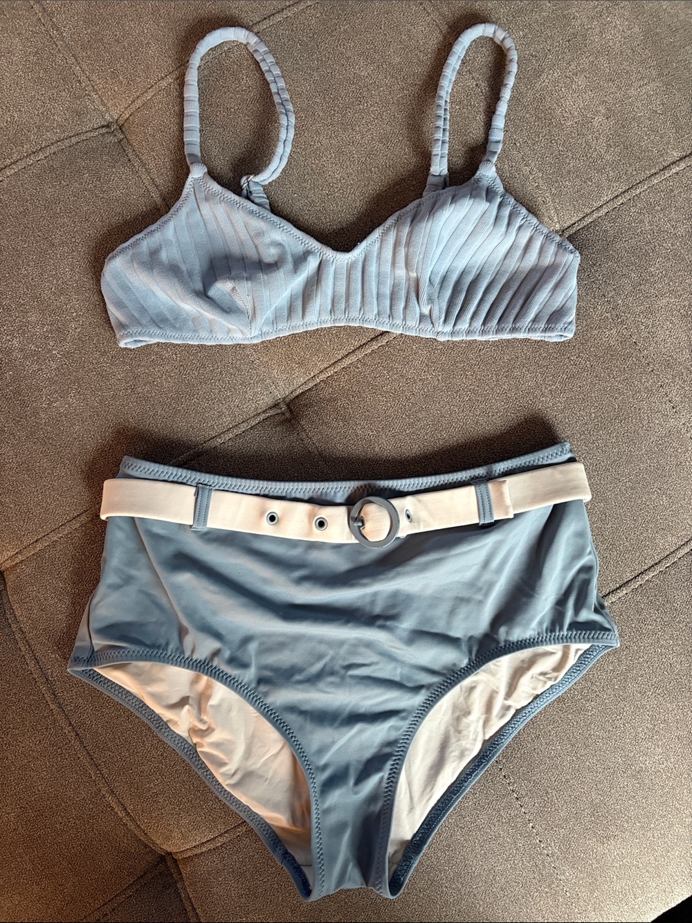 Solid & Striped Light Blue High-Waist Bikini Set with White Belt